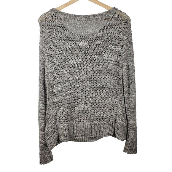 Eileen Fisher Open Knit Sweater Small Pockets Wide Neck Gray‎ White Cotton Blend - Picture 2 of 10